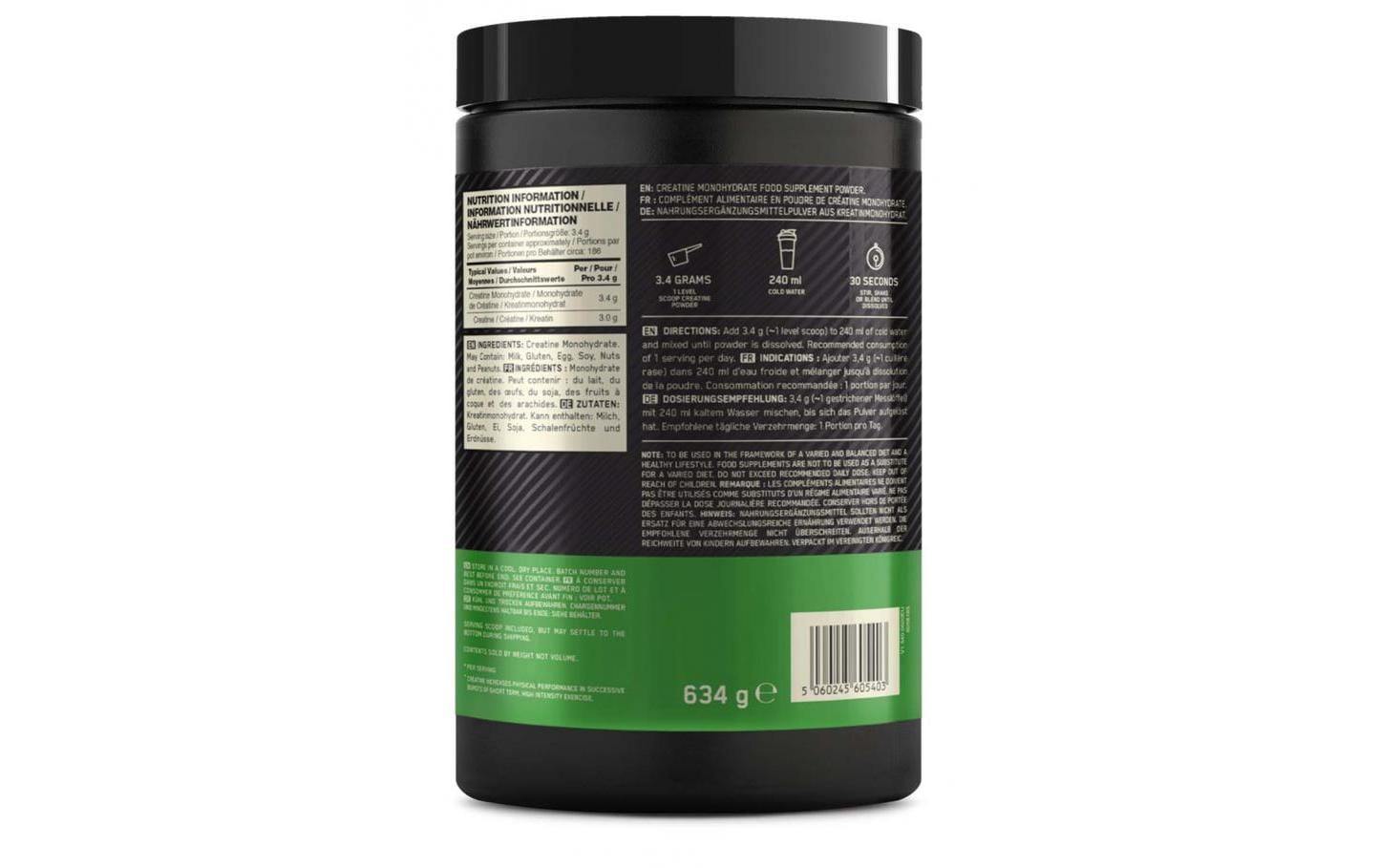 Optimum Nutrition Kreatinpulver Neutral – glutenfrei, vegan – 634 g