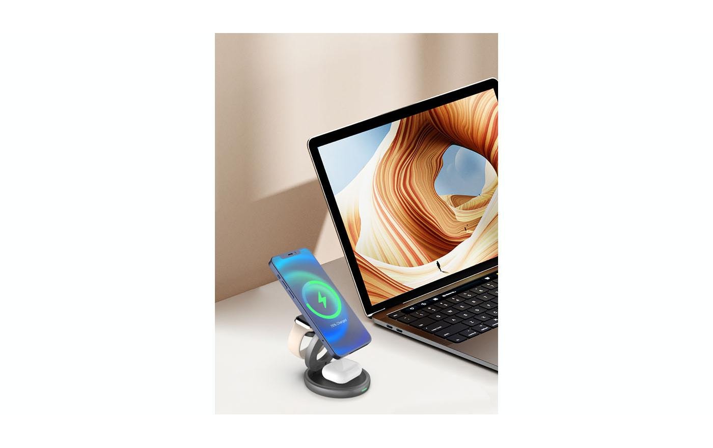Lmp Twist Kabelloses Ladegerät 15 W – Qi2, 3-in-1 – für iPhone, Apple Watch, AirPods – Grau