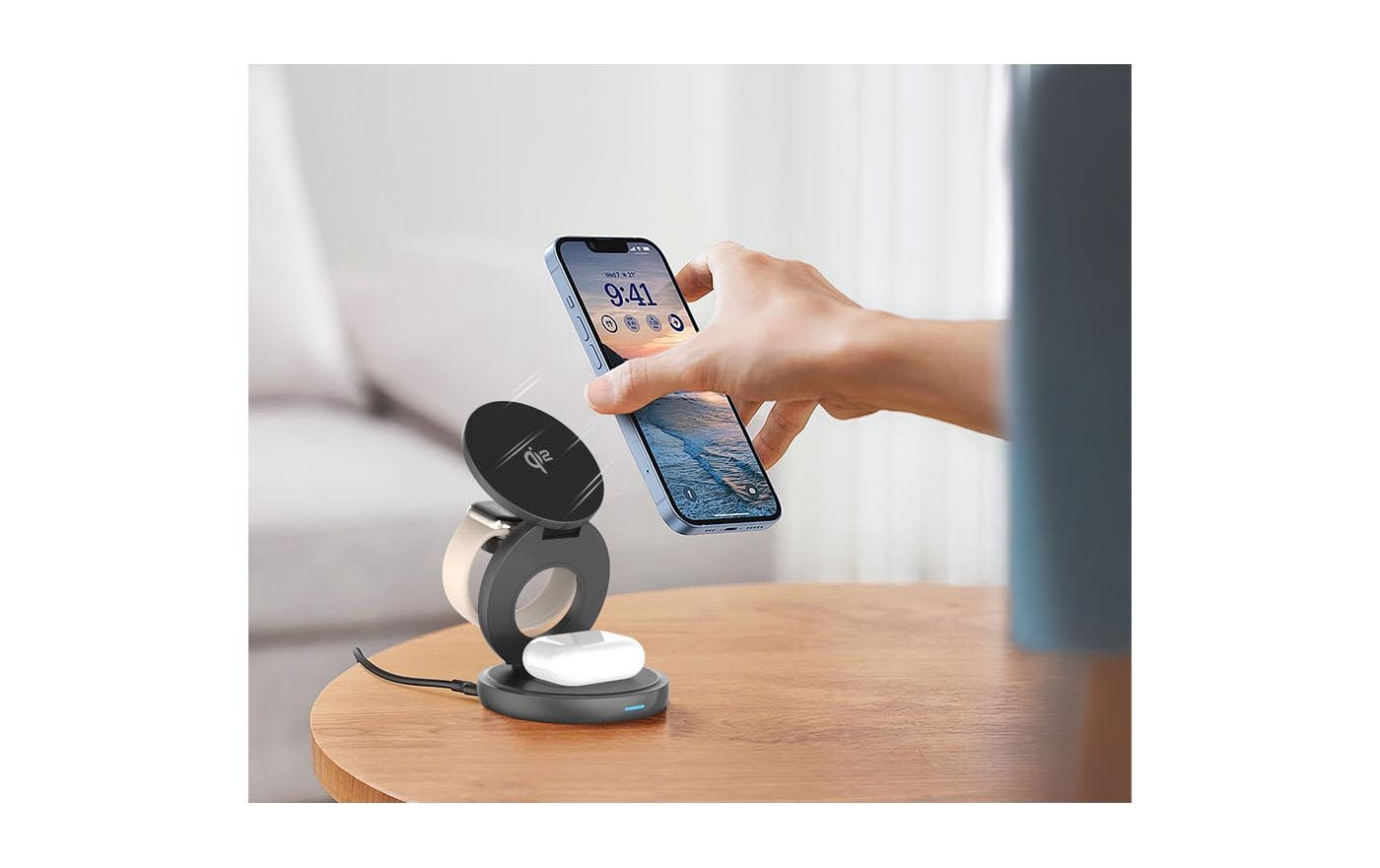 Lmp Twist Kabelloses Ladegerät 15 W – Qi2, 3-in-1 – für iPhone, Apple Watch, AirPods – Grau