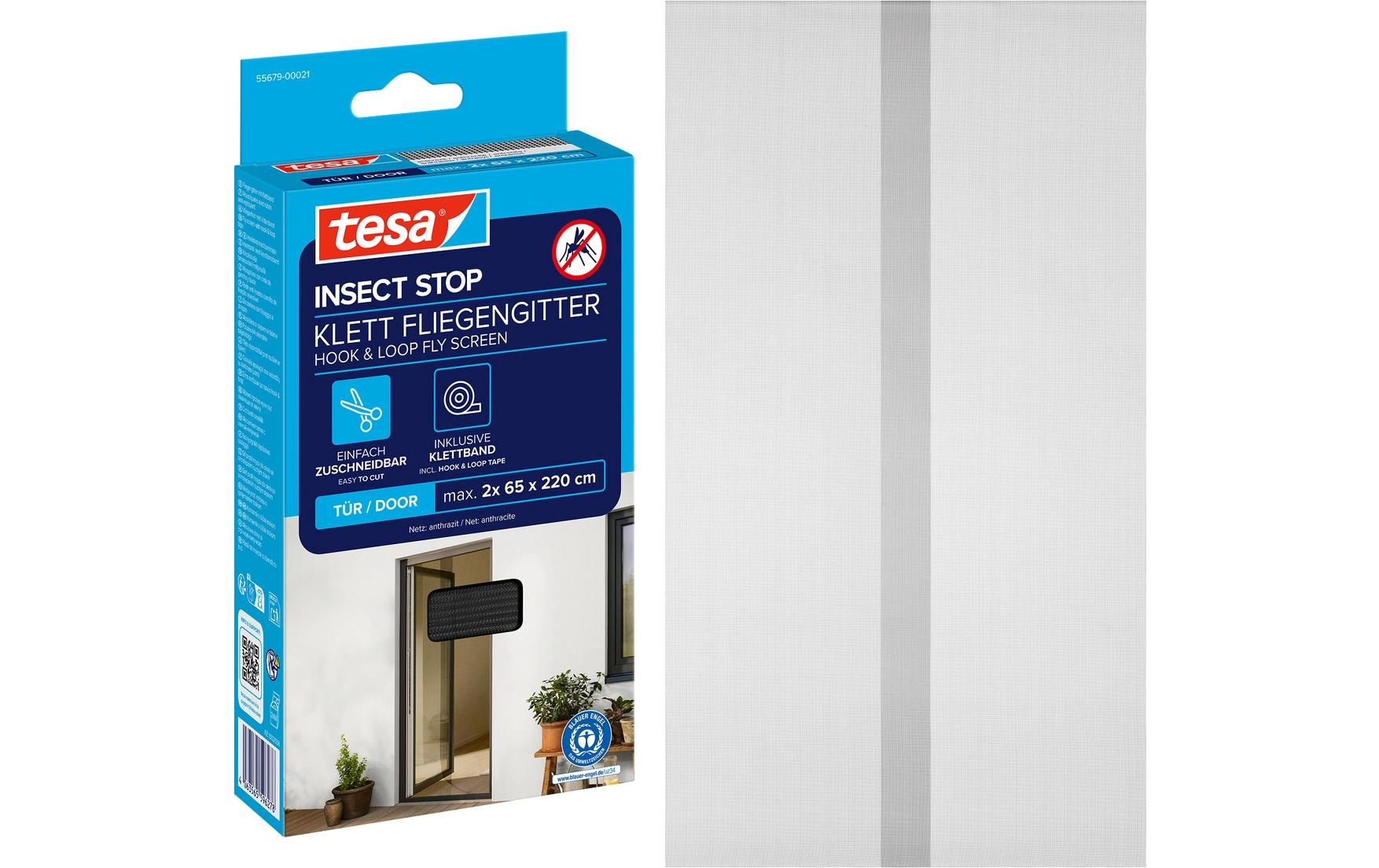 tesa Fliegengitter Tür – 120 × 220 cm – Schwarz – Klett-System – für Türen