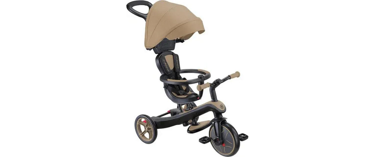 Globber Explorer Trike 4in1 – mit Schiebestange, Gurt, Fussstütze – ab 10 Monaten – TPR – beige