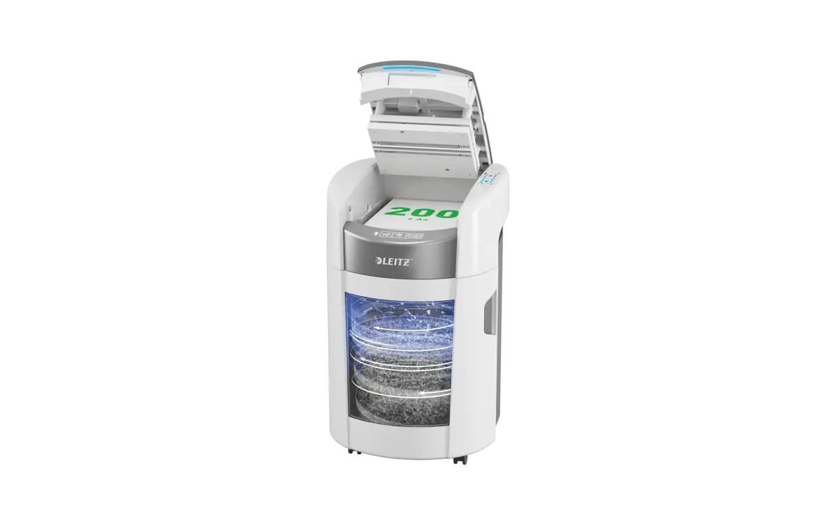 Leitz bürogeräte Leitz IQ OptiMax 200M Aktenvernichter – Mikroschnitt, P-5, 2 × 15 mm, AutoFeed 200 Blatt, 21 l, Kreditkarten
