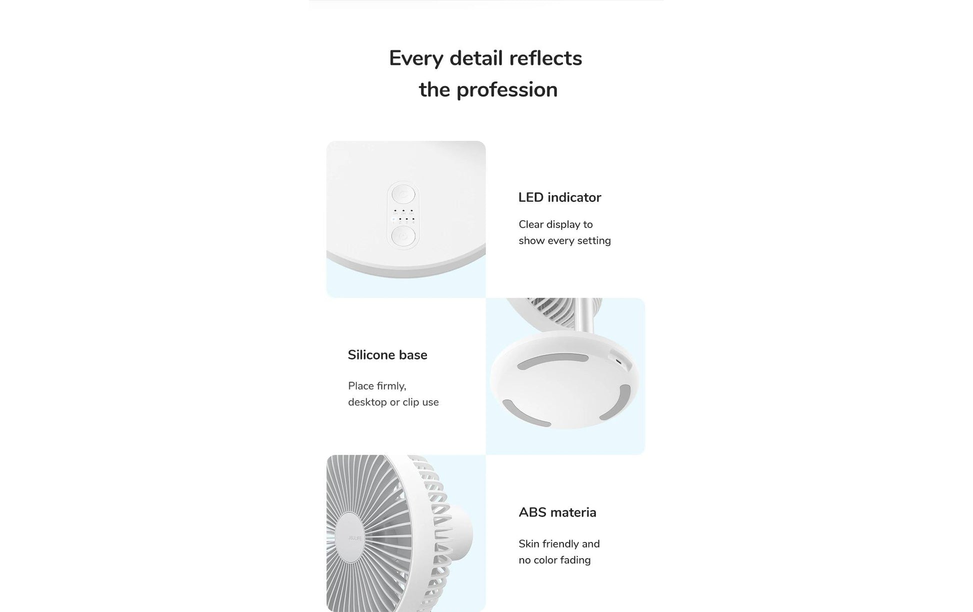 Jisulife Tischventilator 7 – Akkubetrieb, 800 mAh, 90° oszillierend, Weiss