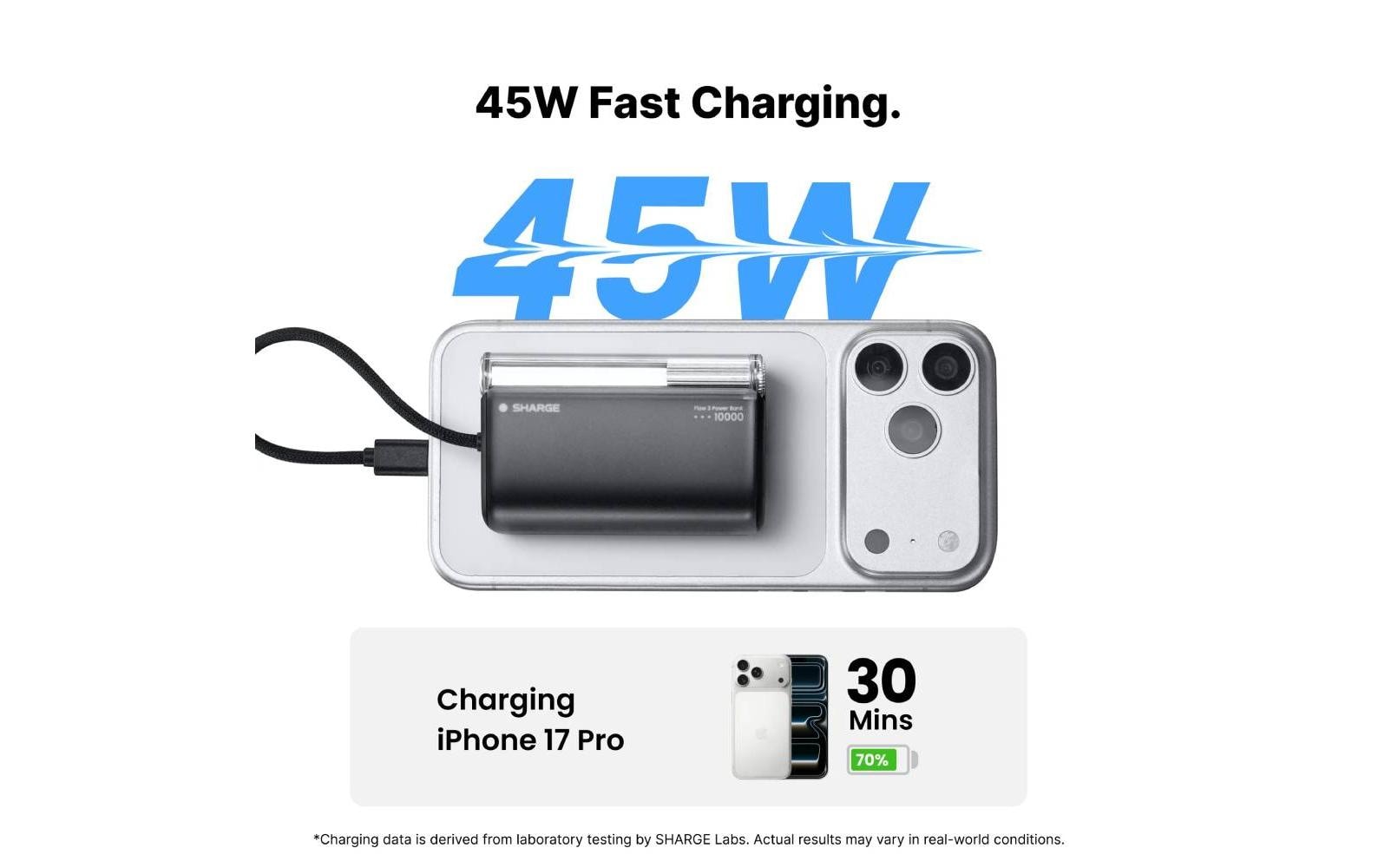 Sharge Flow 3 Powerbank 10'000 mAh – 45 W PD, 1× USB-C, blau, für Smartphones, Tablets & Kameras