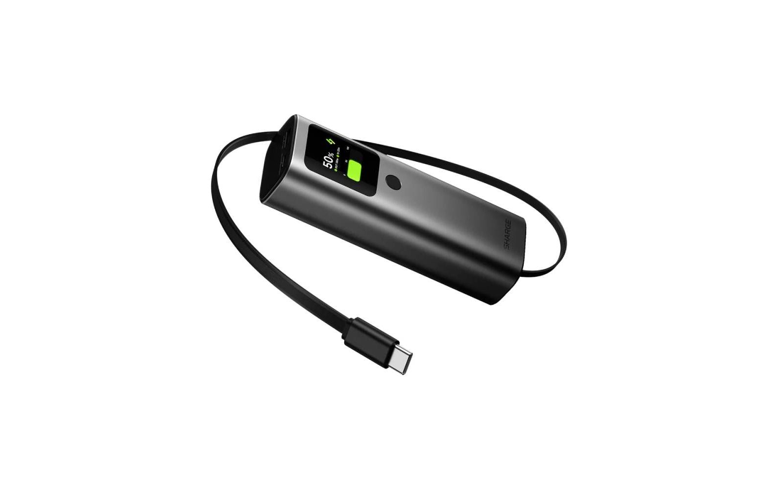 Sharge Retractable 165 Powerbank 20'000 mAh – 165 W PD, 3× USB-C, schwarz