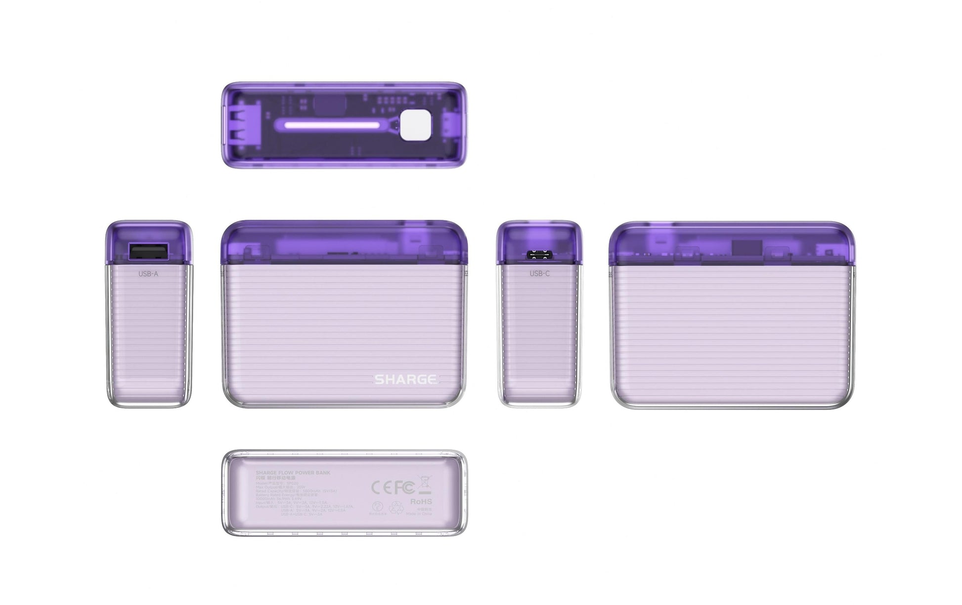 Sharge Flow PUR Powerbank 10'000 mAh – 20 W PD, 1× USB-C, 1× USB-A, violett