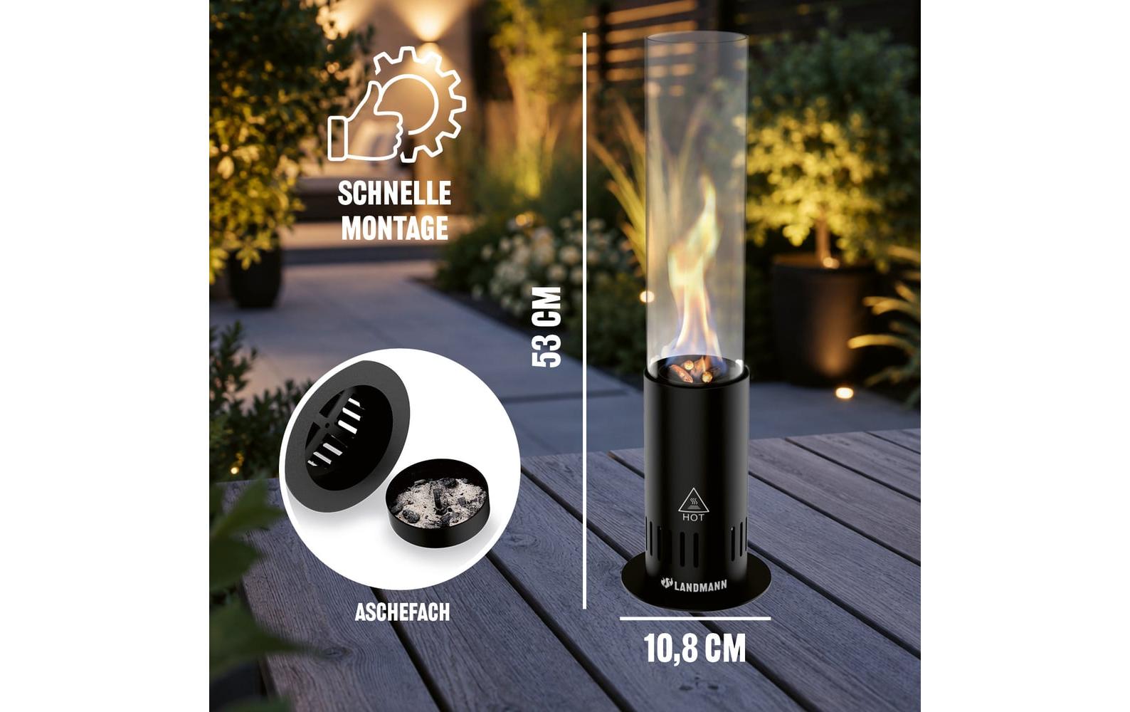 Landmann Tischleuchte Pelletfackel – 53 cm, schwarz, Edelstahl/Sicherheitsglas, Ascheauffangbehälter