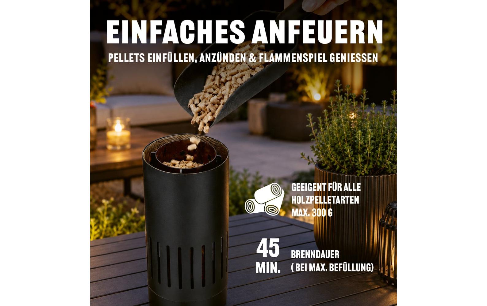 Landmann Tischleuchte Pelletfackel – 53 cm, schwarz, Edelstahl/Sicherheitsglas, Ascheauffangbehälter