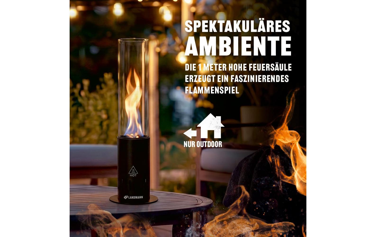 Landmann Tischleuchte Pelletfackel – 53 cm, schwarz, Edelstahl/Sicherheitsglas, Ascheauffangbehälter
