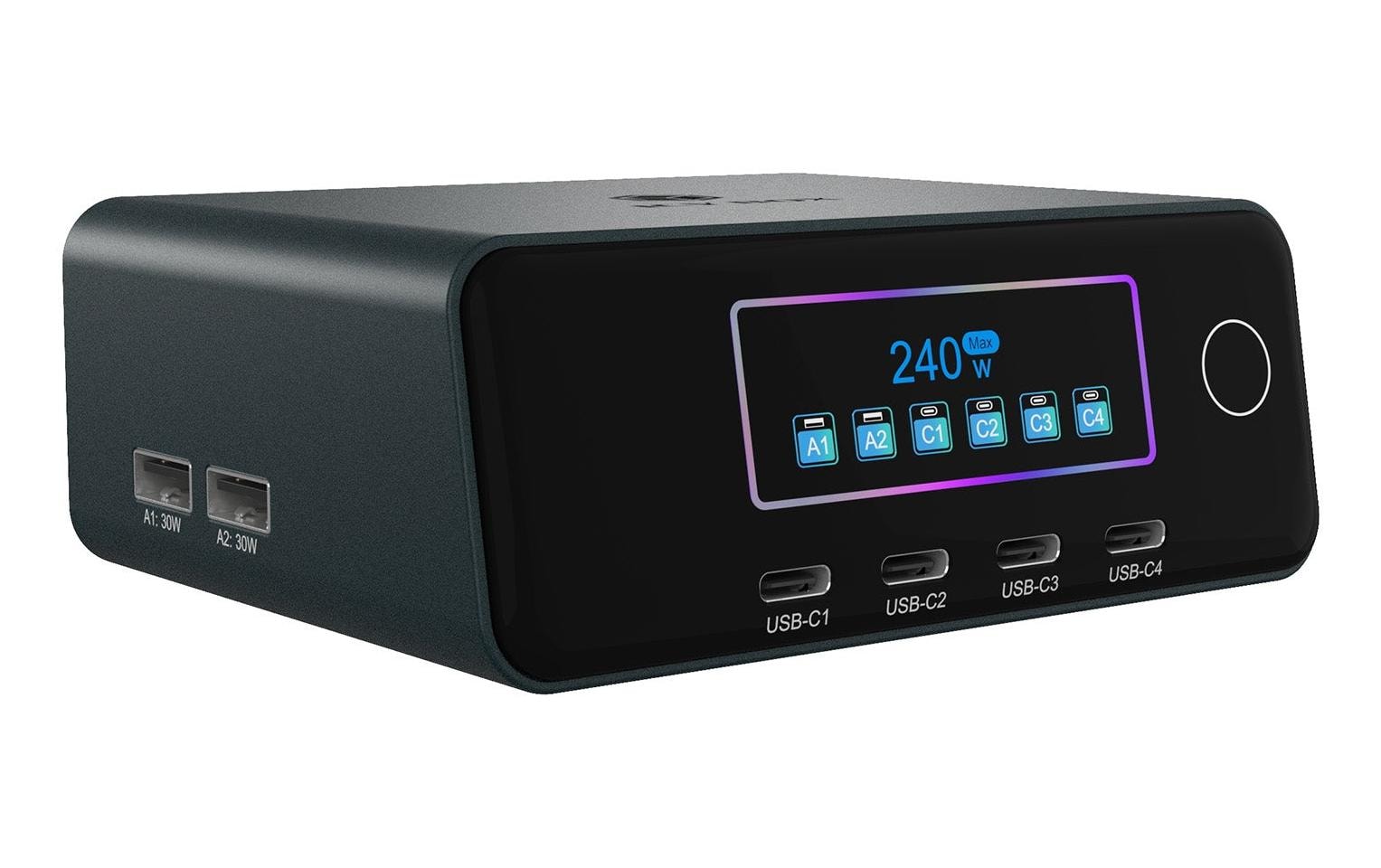 RaidSonic Icy Box USB-Desktop-Ladegerät 240 W – GaN, LCD-Display, 6× simultanes Laden – schwarz