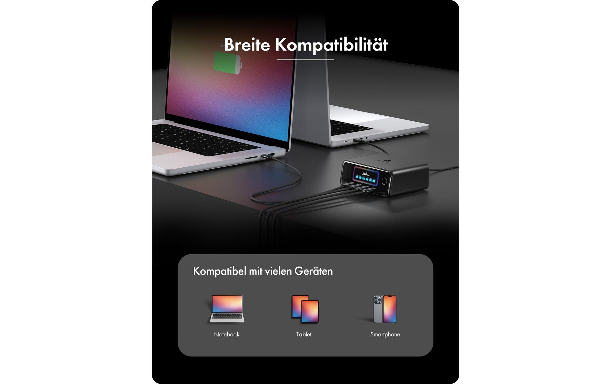 RaidSonic Icy Box USB-Desktop-Ladegerät 240 W – GaN, LCD-Display, 6× simultanes Laden – schwarz