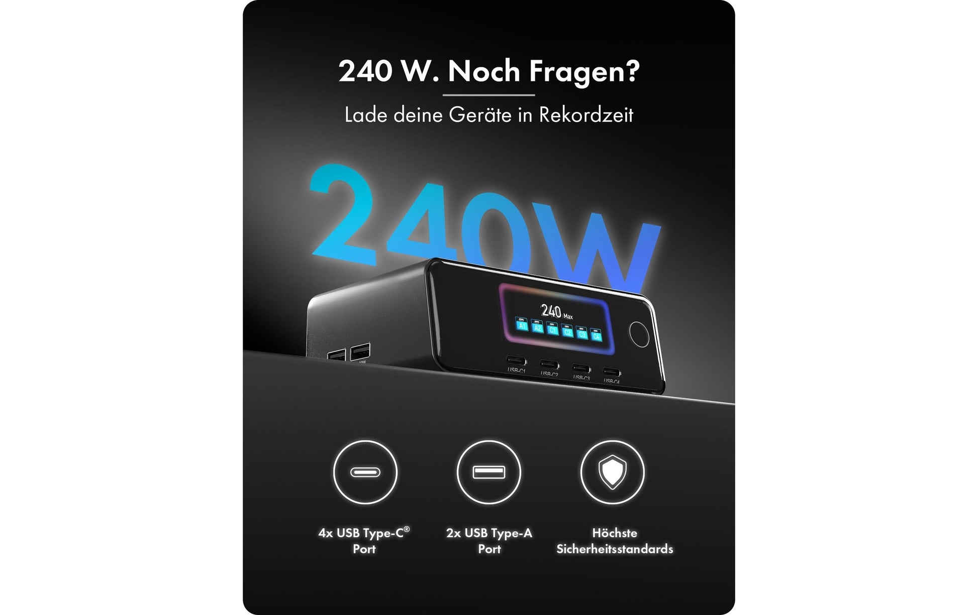 RaidSonic Icy Box USB-Desktop-Ladegerät 240 W – GaN, LCD-Display, 6× simultanes Laden – schwarz