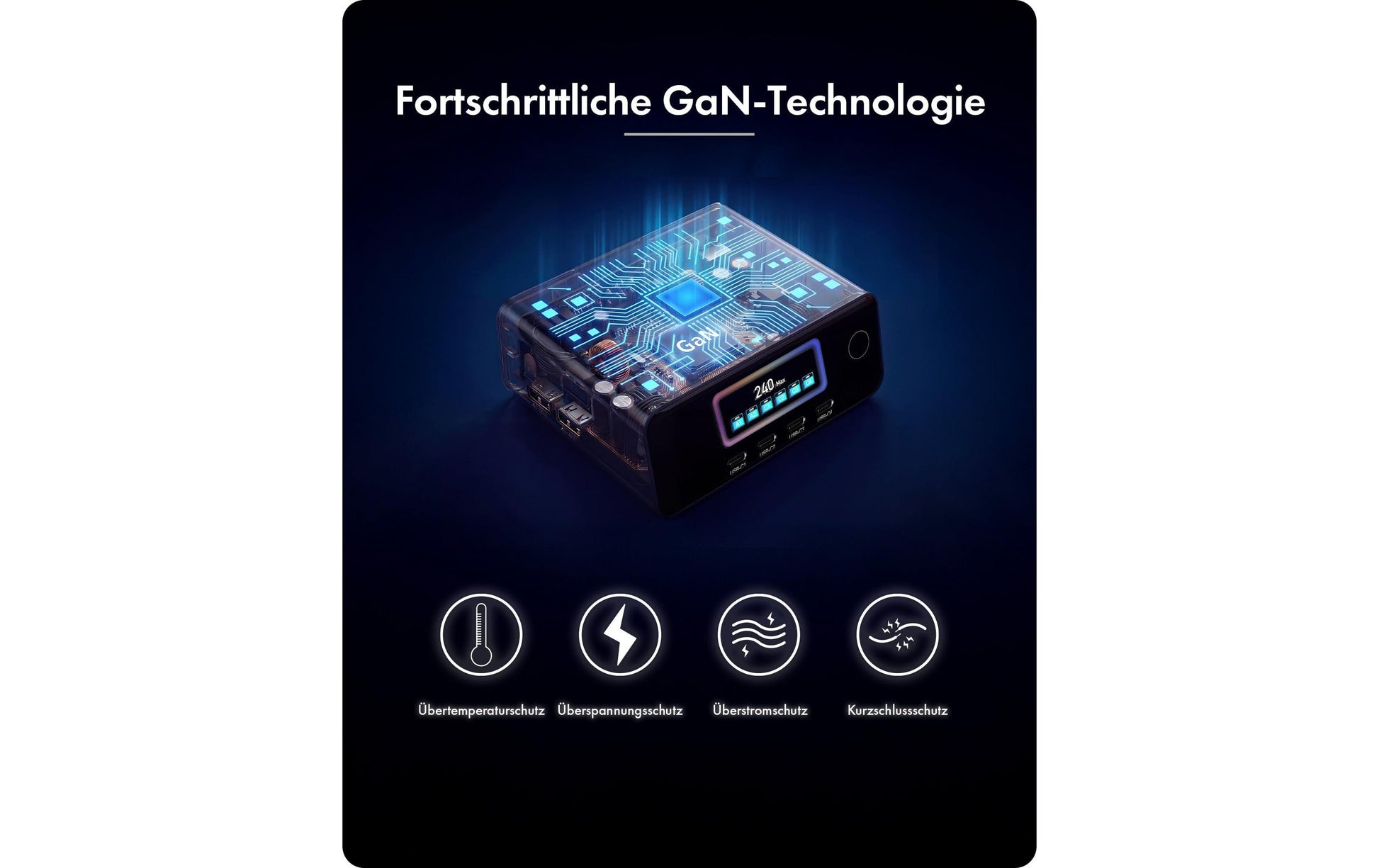 RaidSonic Icy Box USB-Desktop-Ladegerät 240 W – GaN, LCD-Display, 6× simultanes Laden – schwarz