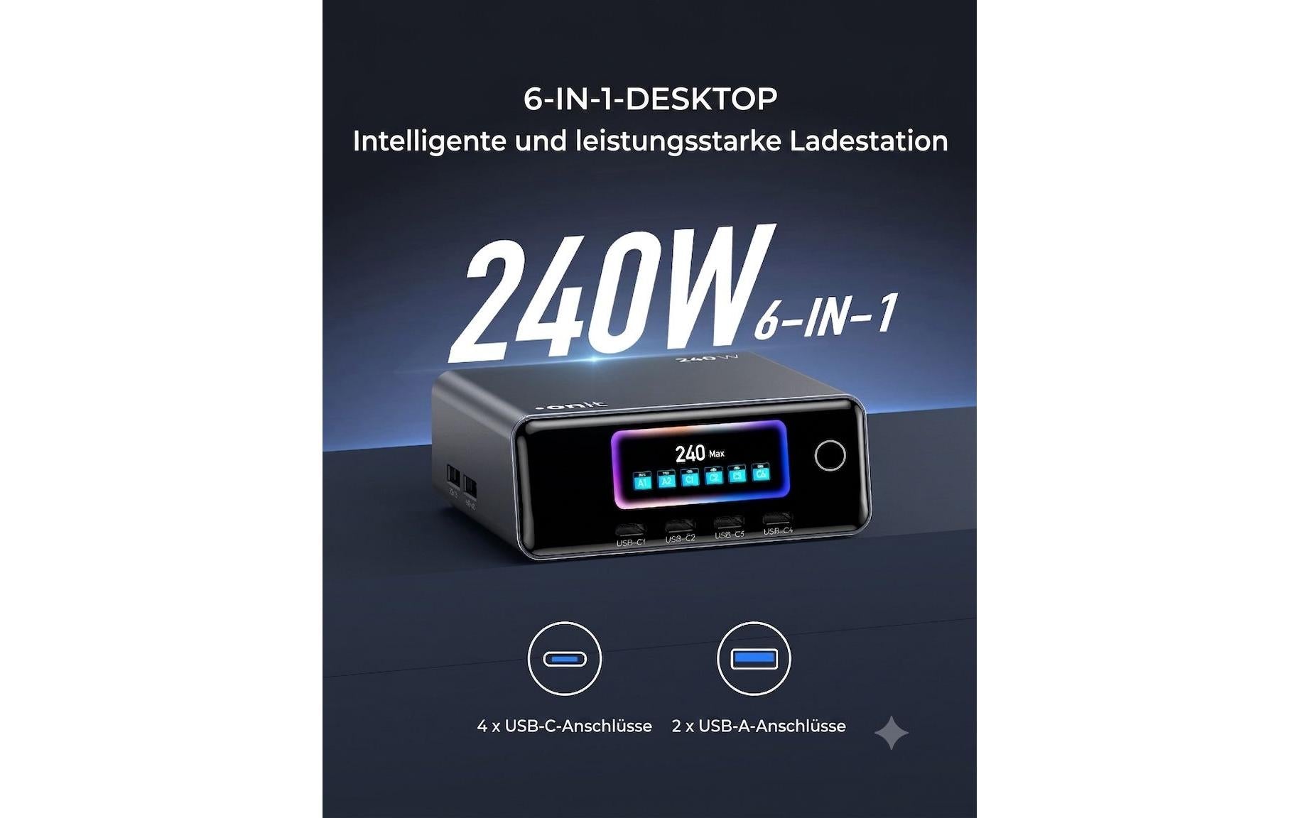 Onit GaN-Tischladegerät USB Desktop Ladegerät 240 W – USB-C×4, USB-A×2 – Schwarz