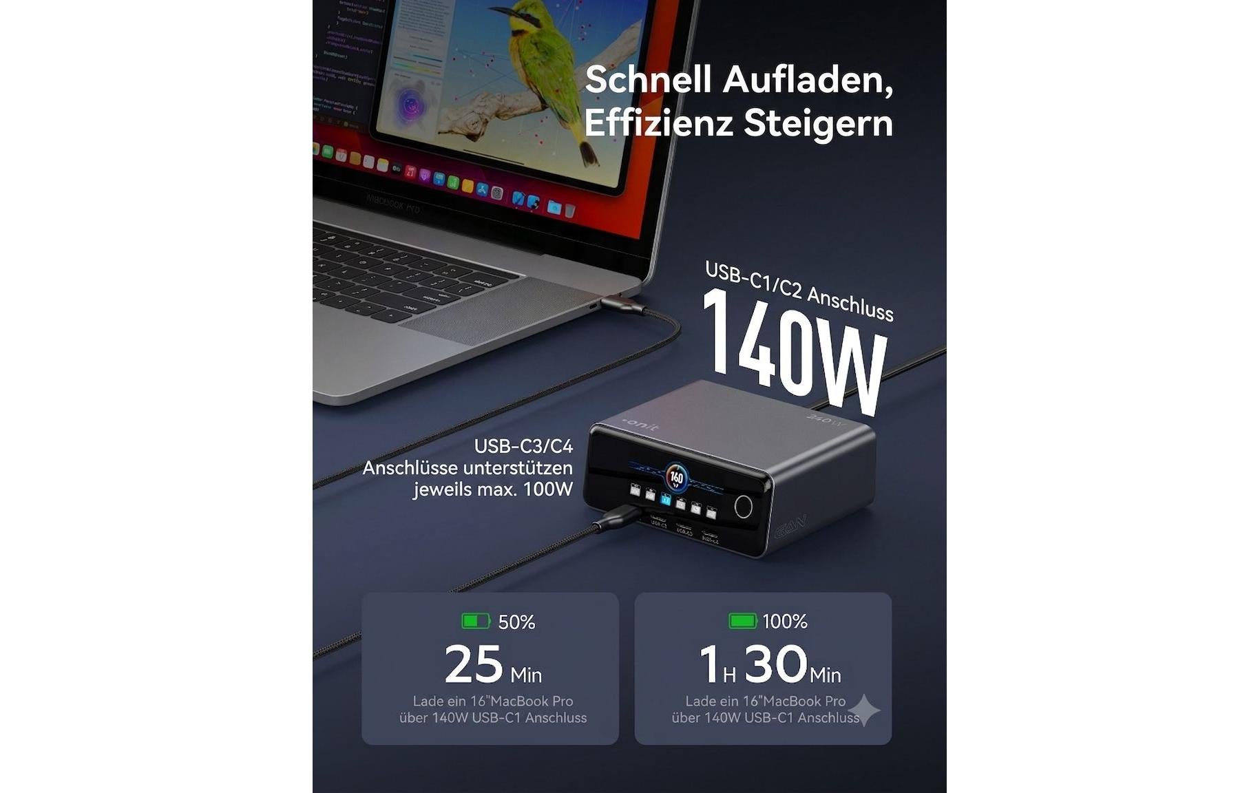 Onit GaN-Tischladegerät USB Desktop Ladegerät 240 W – USB-C×4, USB-A×2 – Schwarz