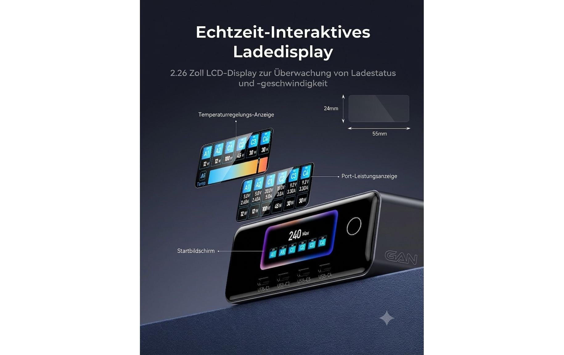 Onit GaN-Tischladegerät USB Desktop Ladegerät 240 W – USB-C×4, USB-A×2 – Schwarz