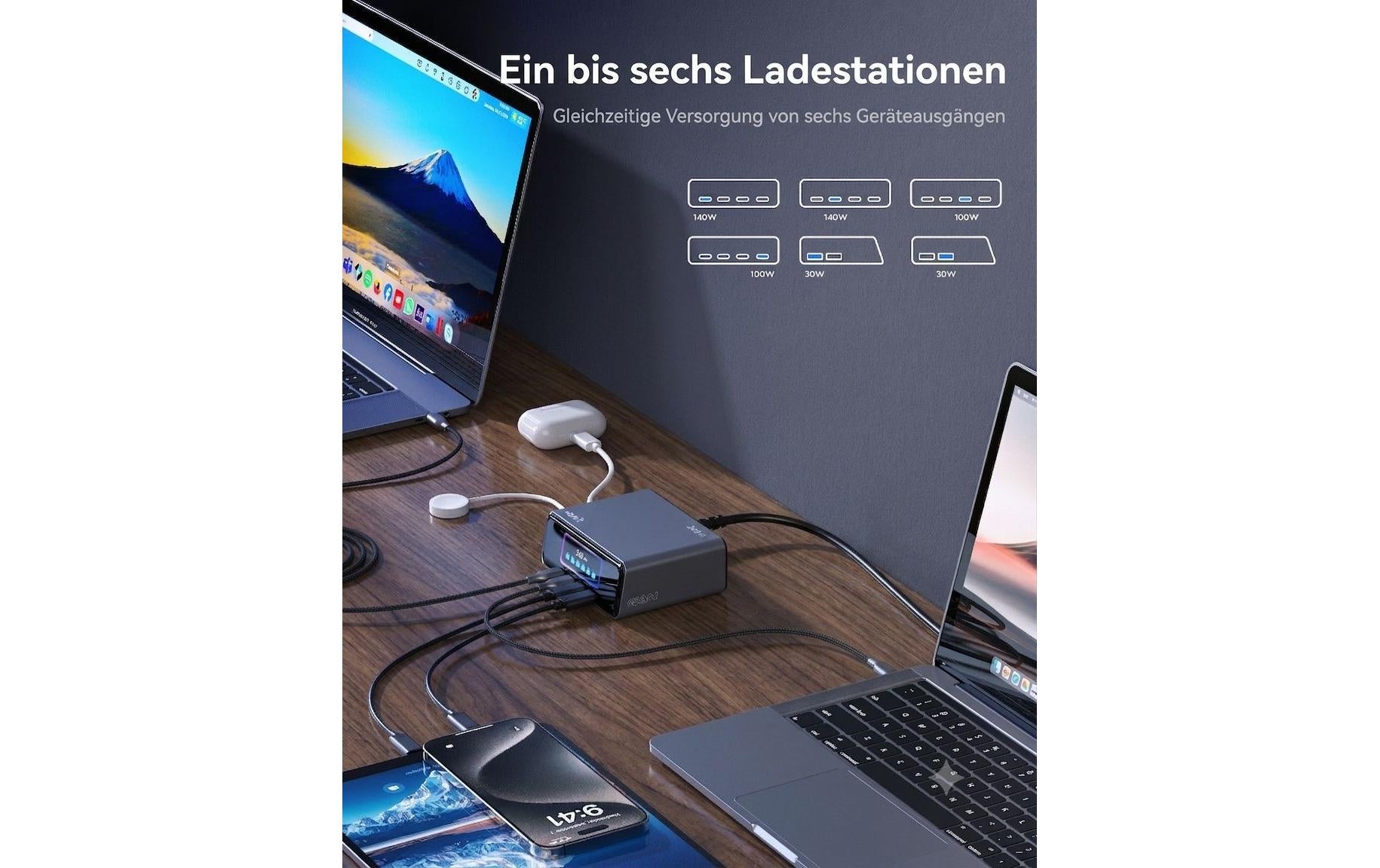 Onit GaN-Tischladegerät USB Desktop Ladegerät 240 W – USB-C×4, USB-A×2 – Schwarz