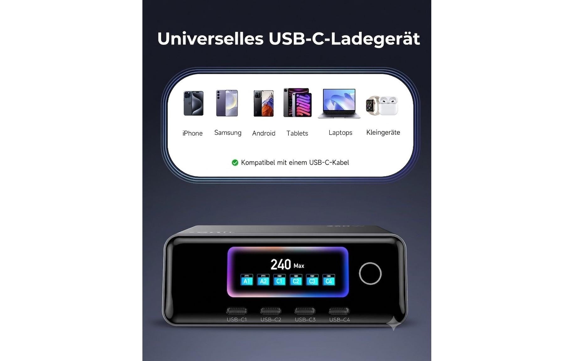 Onit GaN-Tischladegerät USB Desktop Ladegerät 240 W – USB-C×4, USB-A×2 – Schwarz