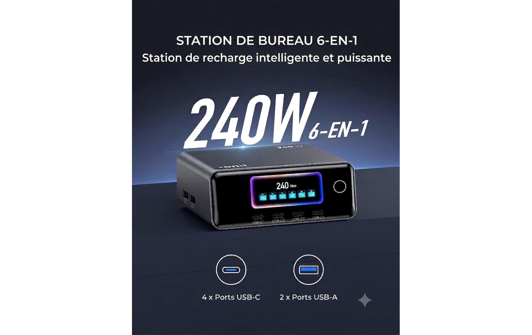Onit GaN-Tischladegerät USB Desktop Ladegerät 240 W – USB-C×4, USB-A×2 – Schwarz