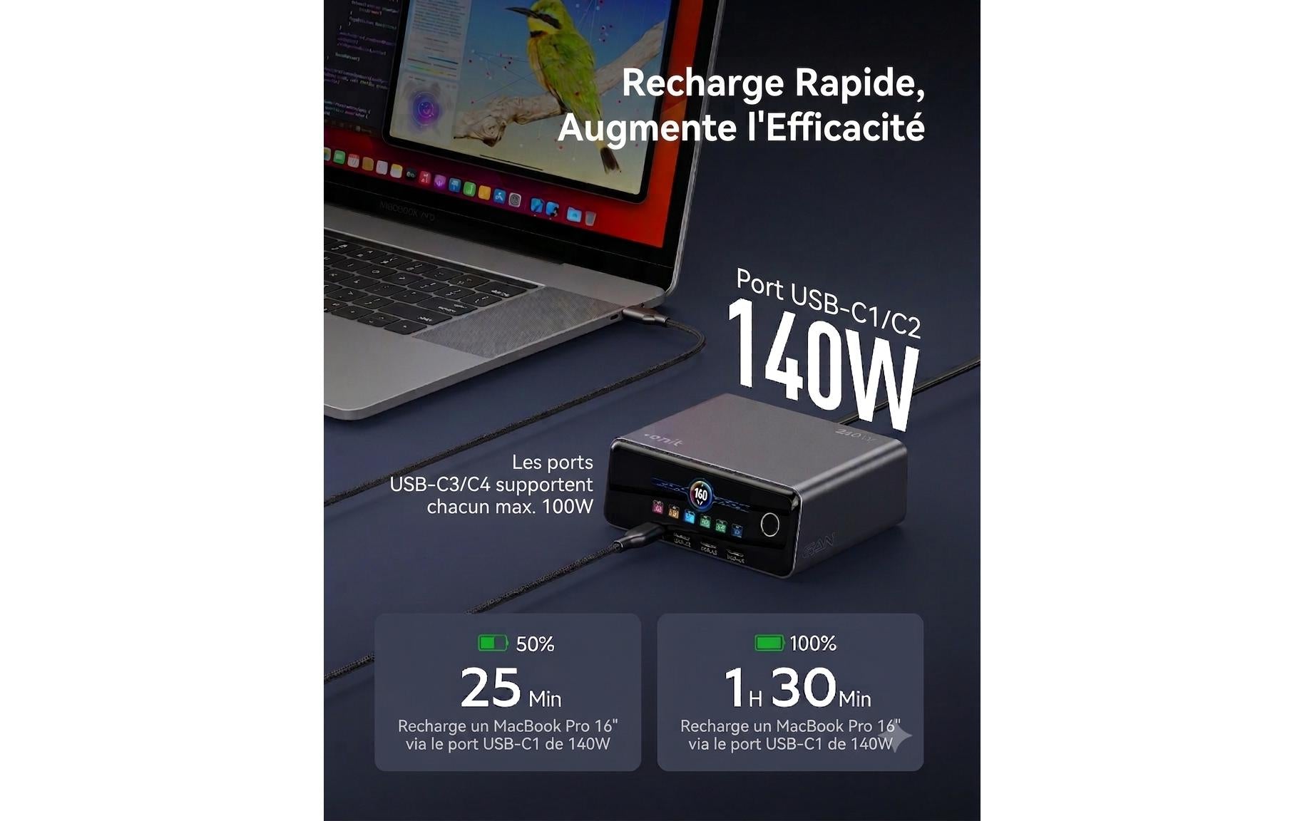 Onit GaN-Tischladegerät USB Desktop Ladegerät 240 W – USB-C×4, USB-A×2 – Schwarz