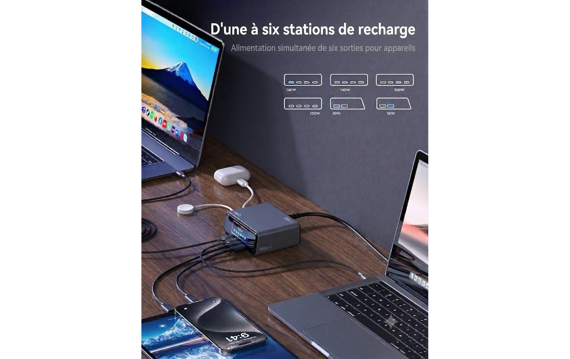 Onit GaN-Tischladegerät USB Desktop Ladegerät 240 W – USB-C×4, USB-A×2 – Schwarz