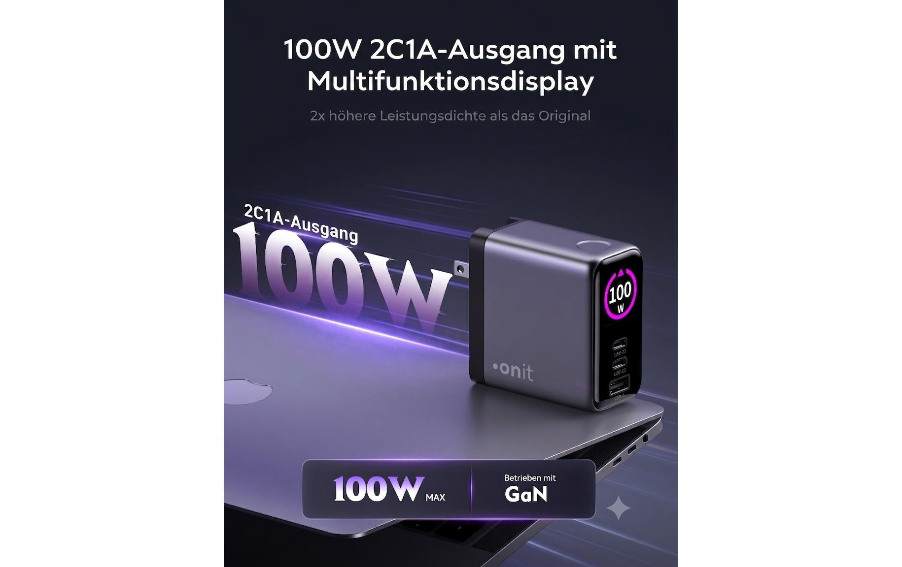 Onit GaN USB-Ladegerät 100 W – USB-C×2, USB-A×1 – US/EU/UK/AU-Stecker – Schwarz