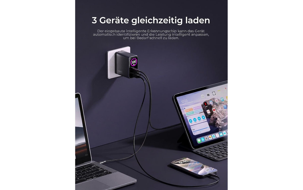Onit GaN USB-Ladegerät 100 W – USB-C×2, USB-A×1 – US/EU/UK/AU-Stecker – Schwarz
