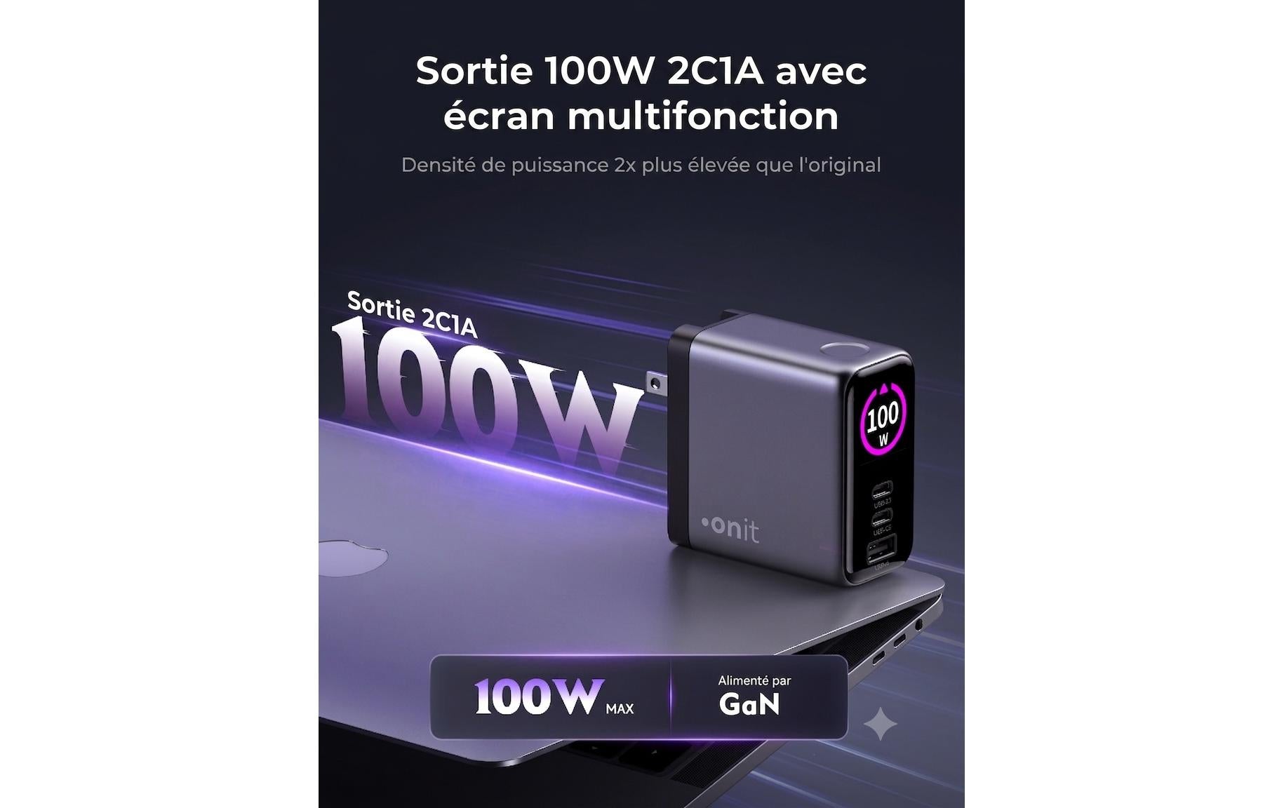Onit GaN USB-Ladegerät 100 W – USB-C×2, USB-A×1 – US/EU/UK/AU-Stecker – Schwarz