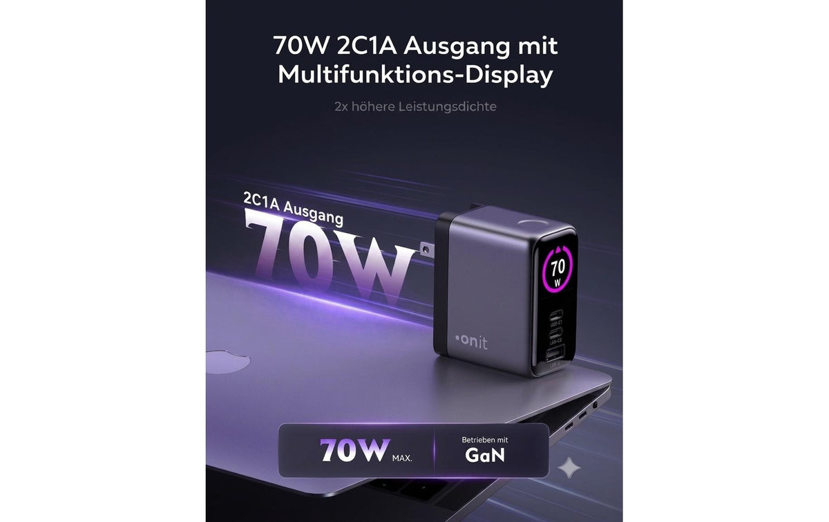 Onit USB-Ladegerät 70 W – USB-C×2, USB-A×1 – GaN – US/EU/UK/AU-Stecker – Schwarz