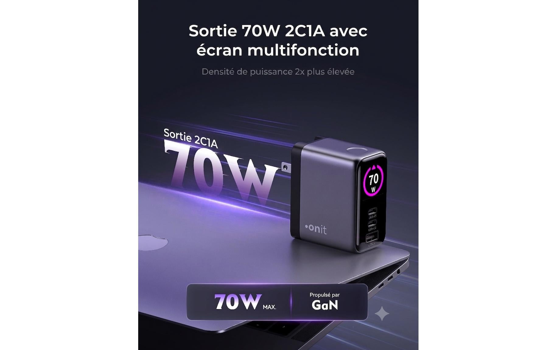 Onit USB-Ladegerät 70 W – USB-C×2, USB-A×1 – GaN – US/EU/UK/AU-Stecker – Schwarz