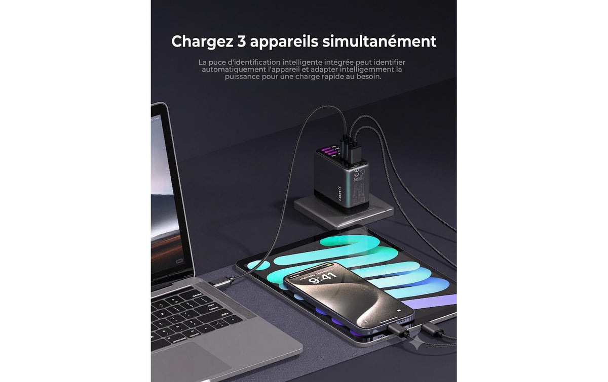 Onit USB-Ladegerät 70 W – USB-C×2, USB-A×1 – GaN – US/EU/UK/AU-Stecker – Schwarz