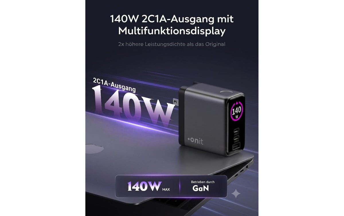 Onit GaN-Reiseladegerät 140 W – USB-C×2, USB-A×1 – US/EU/UK/AU-Stecker, Schwarz