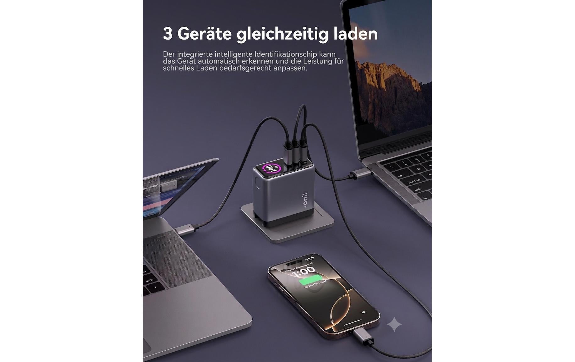 Onit GaN-Reiseladegerät 140 W – USB-C×2, USB-A×1 – US/EU/UK/AU-Stecker, Schwarz