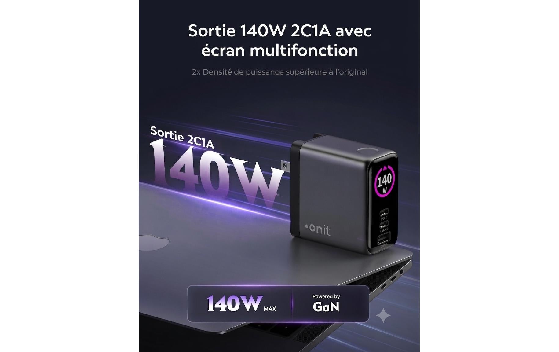 Onit GaN-Reiseladegerät 140 W – USB-C×2, USB-A×1 – US/EU/UK/AU-Stecker, Schwarz