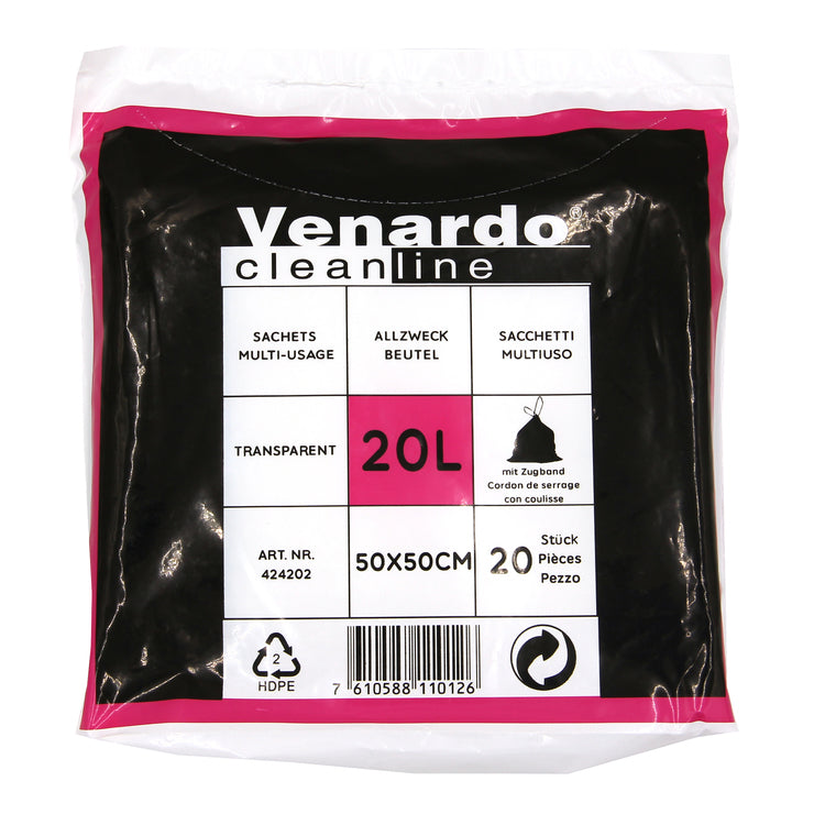 Venardo Mehrzweckbeutel – 20 l, mit Zugband, transparent, 20 Stk