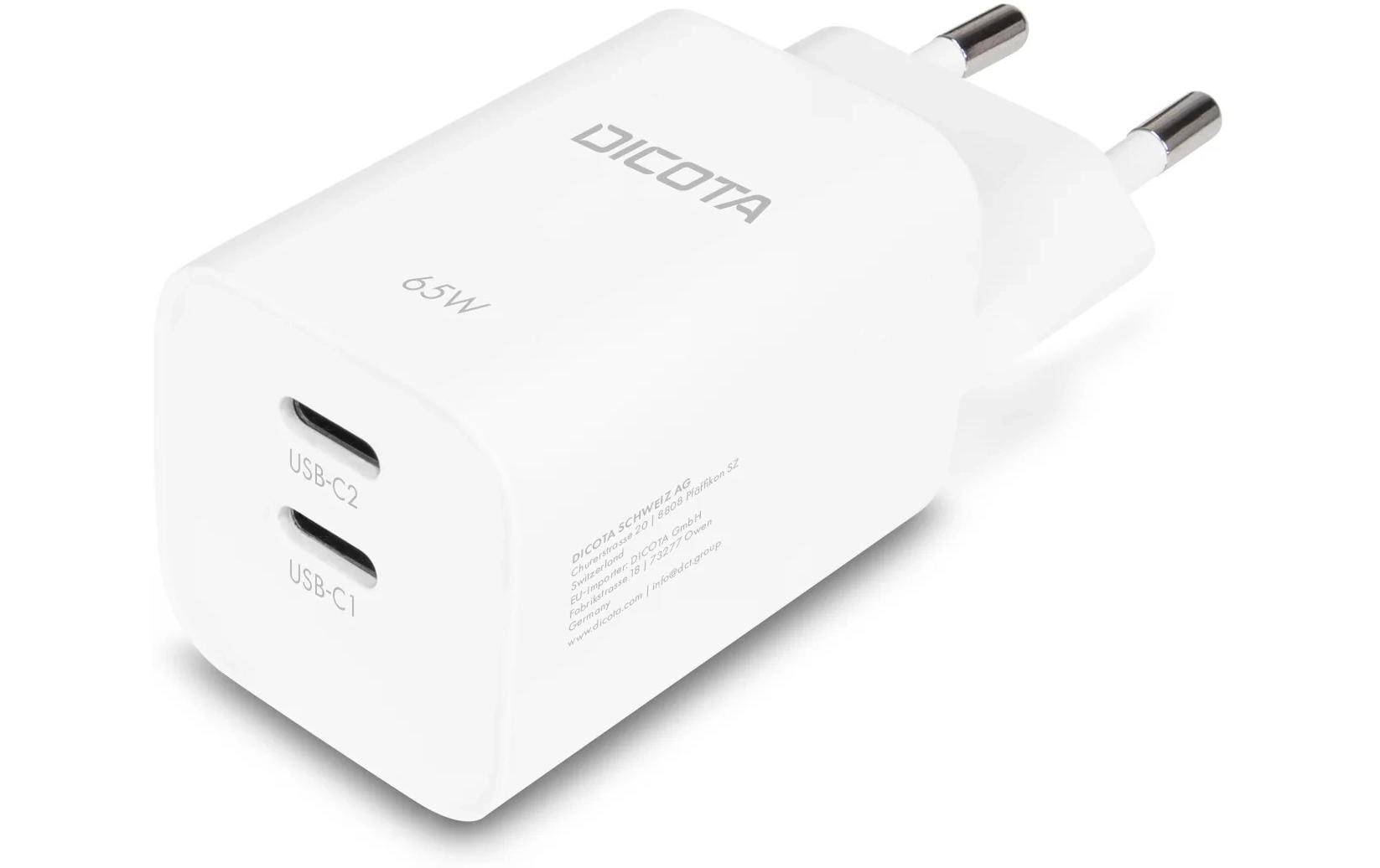 DICOTA USB-Ladegerät 65 W – USB-C×2 – GaN – EU-Stecker (Typ C) – Weiss