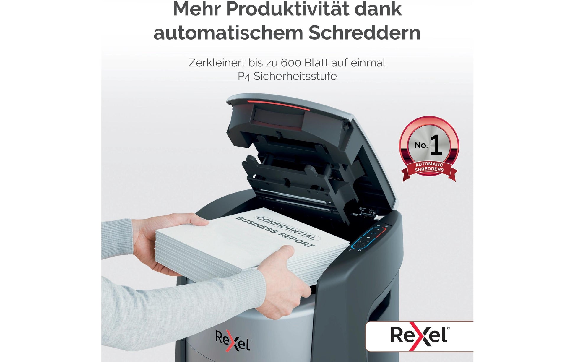 Rexel Leitz IQ OptiMax Autofeed 600X Aktenvernichter – Partikelschnitt, P-4, 4 × 10 mm, AutoFeed 600 Blatt, 50 l