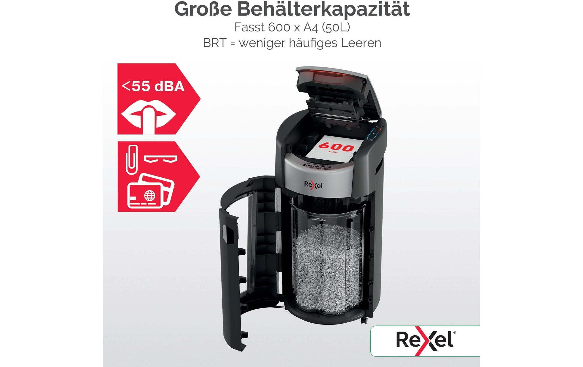 Rexel Leitz IQ OptiMax Autofeed 600X Aktenvernichter – Partikelschnitt, P-4, 4 × 10 mm, AutoFeed 600 Blatt, 50 l
