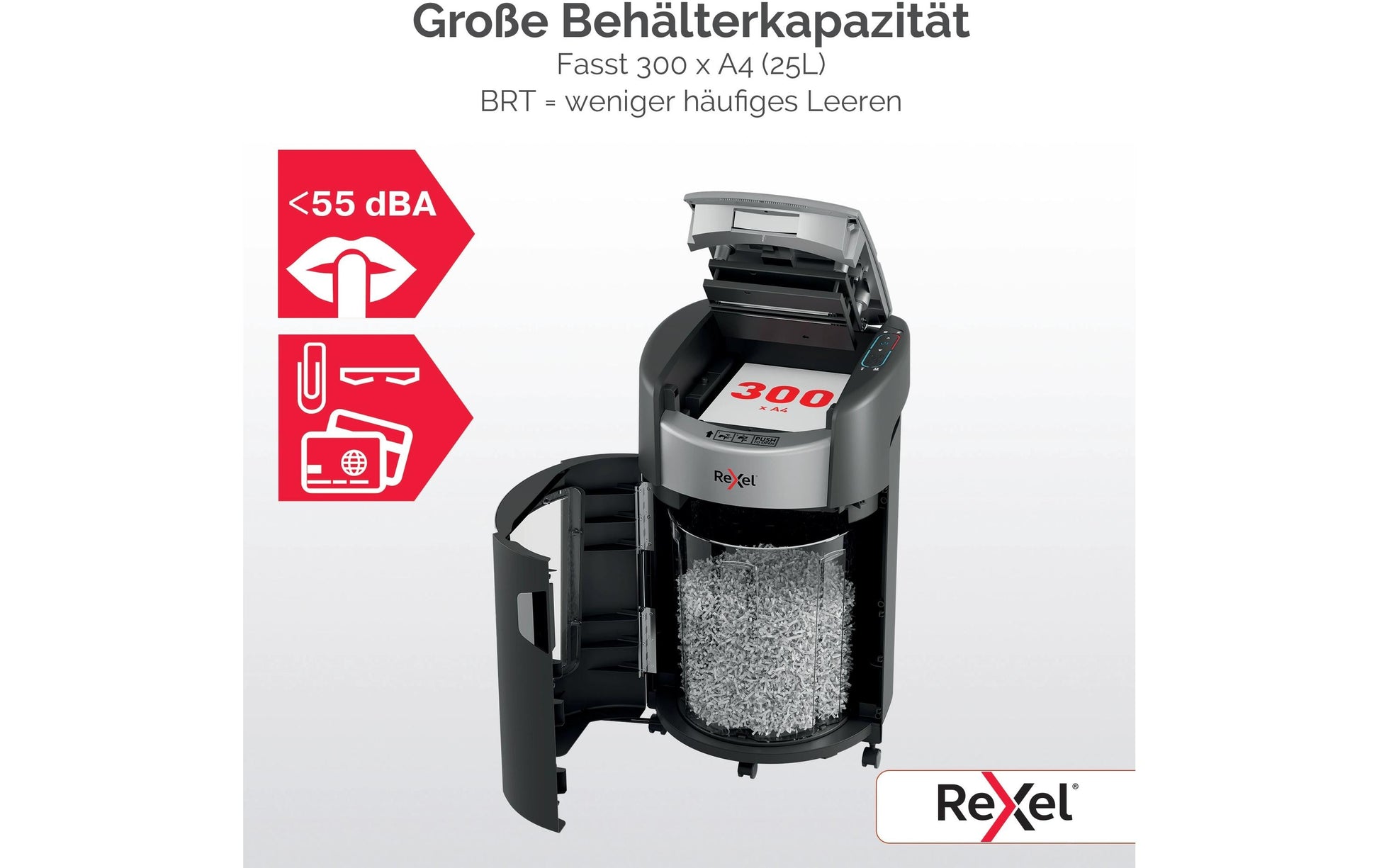 Rexel ShredMax Autofeed 300M Aktenvernichter – Mikroschnitt, P-5, 5 mm, AutoFeed 300 Blatt, 25 l, Kreditkarten