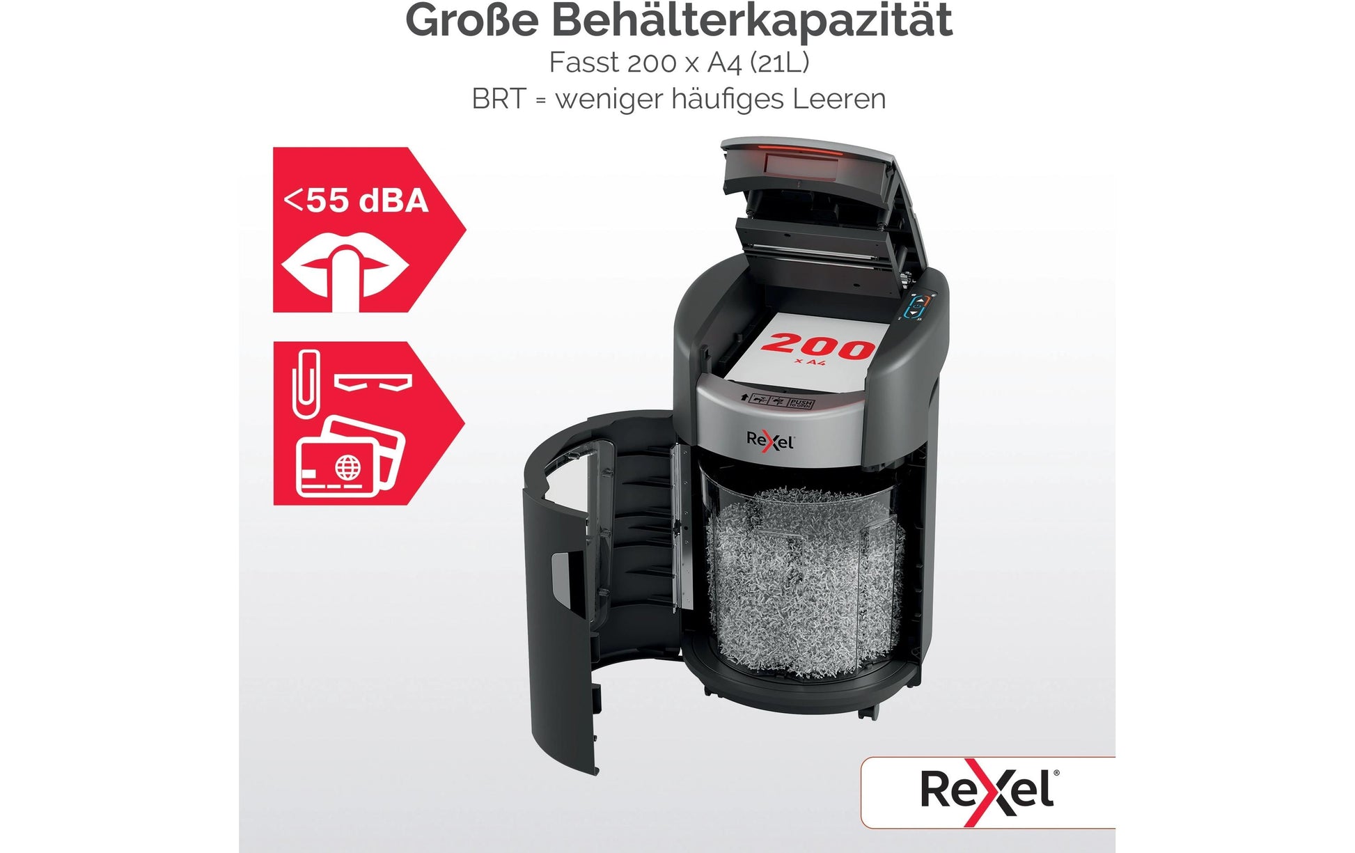 Rexel ShredMax Autofeed 200X Aktenvernichter – Partikelschnitt, P-4, 4 × 10 mm, AutoFeed 200 Blatt, 21 l