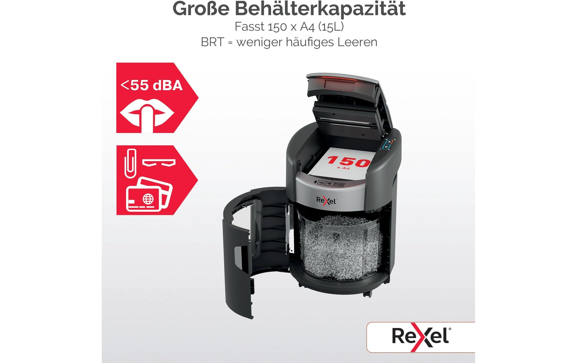 Rexel ShredMax Autofeed 150X Aktenvernichter – Partikelschnitt, P-4, 4 × 10 mm, AutoFeed 150 Blatt, 15 l