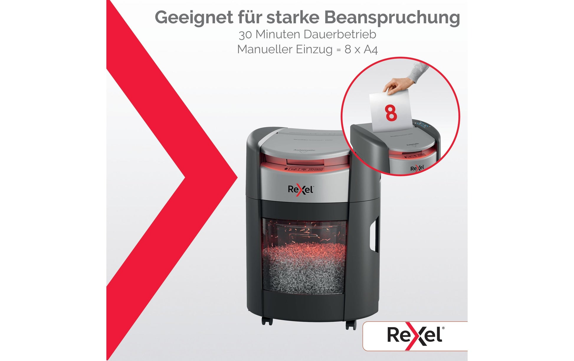 Rexel ShredMax Autofeed 150X Aktenvernichter – Partikelschnitt, P-4, 4 × 10 mm, AutoFeed 150 Blatt, 15 l