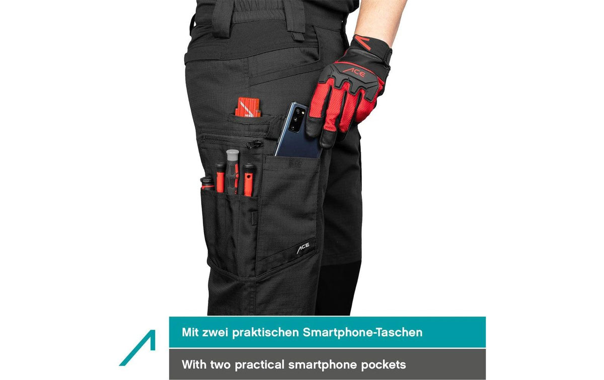 ACE Arbeitshose, Constructor – 64 (Lang) – Schwarz, 65% Polyester/35% Baumwolle, Cordura-Besatz, Ripstop
