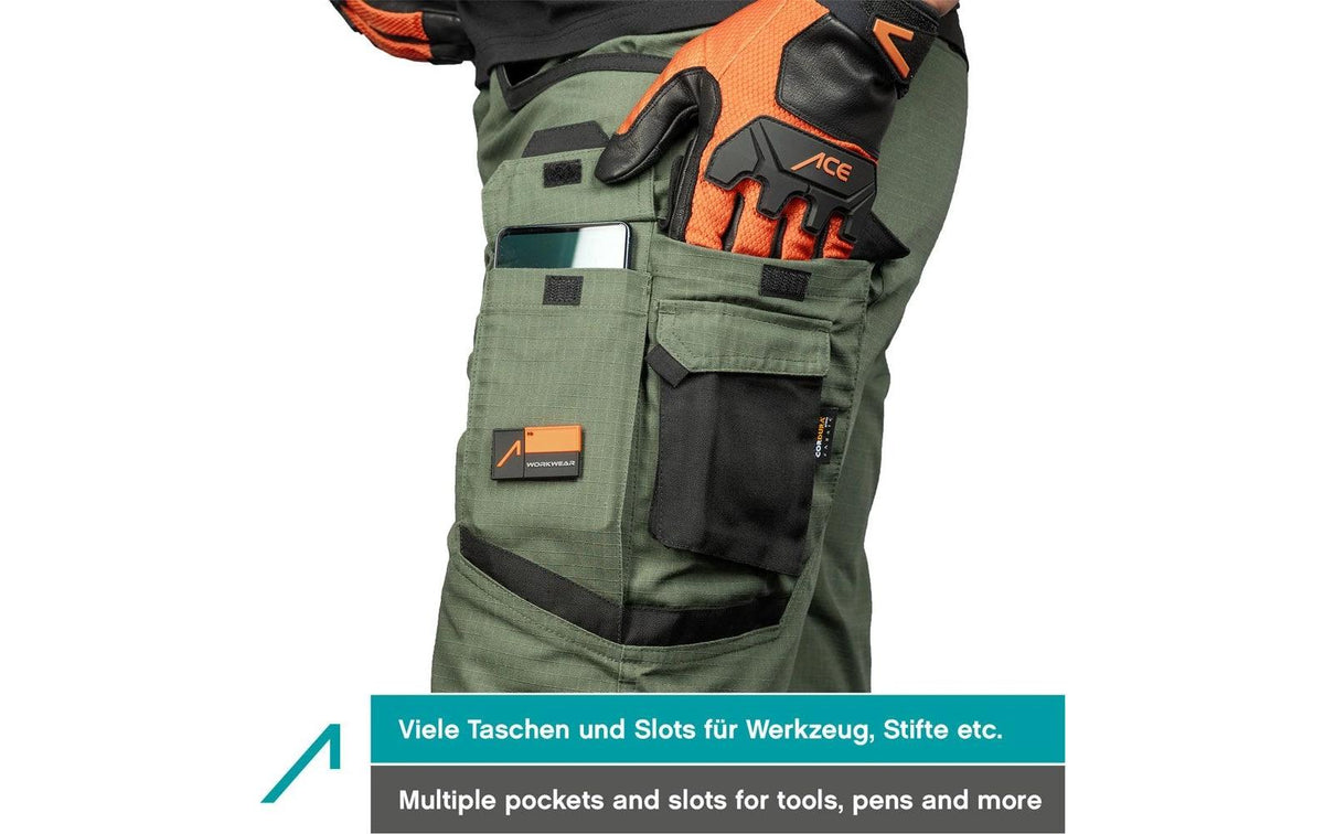 ACE Arbeitshose, lang – Grösse 64 – Oliv, 65% Polyester/35% Baumwolle, Cordura-Verstärkungen, Stretch