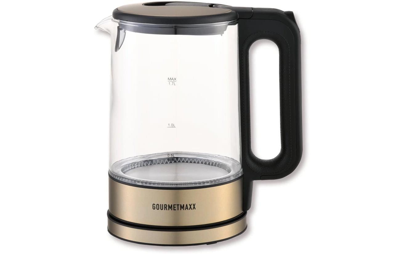 Gourmetmaxx Wasserkocher – 1,7 l, Glas, Kunststoff, Metall, 2200 W, Schwarz/Champagner, 360°-Sockel