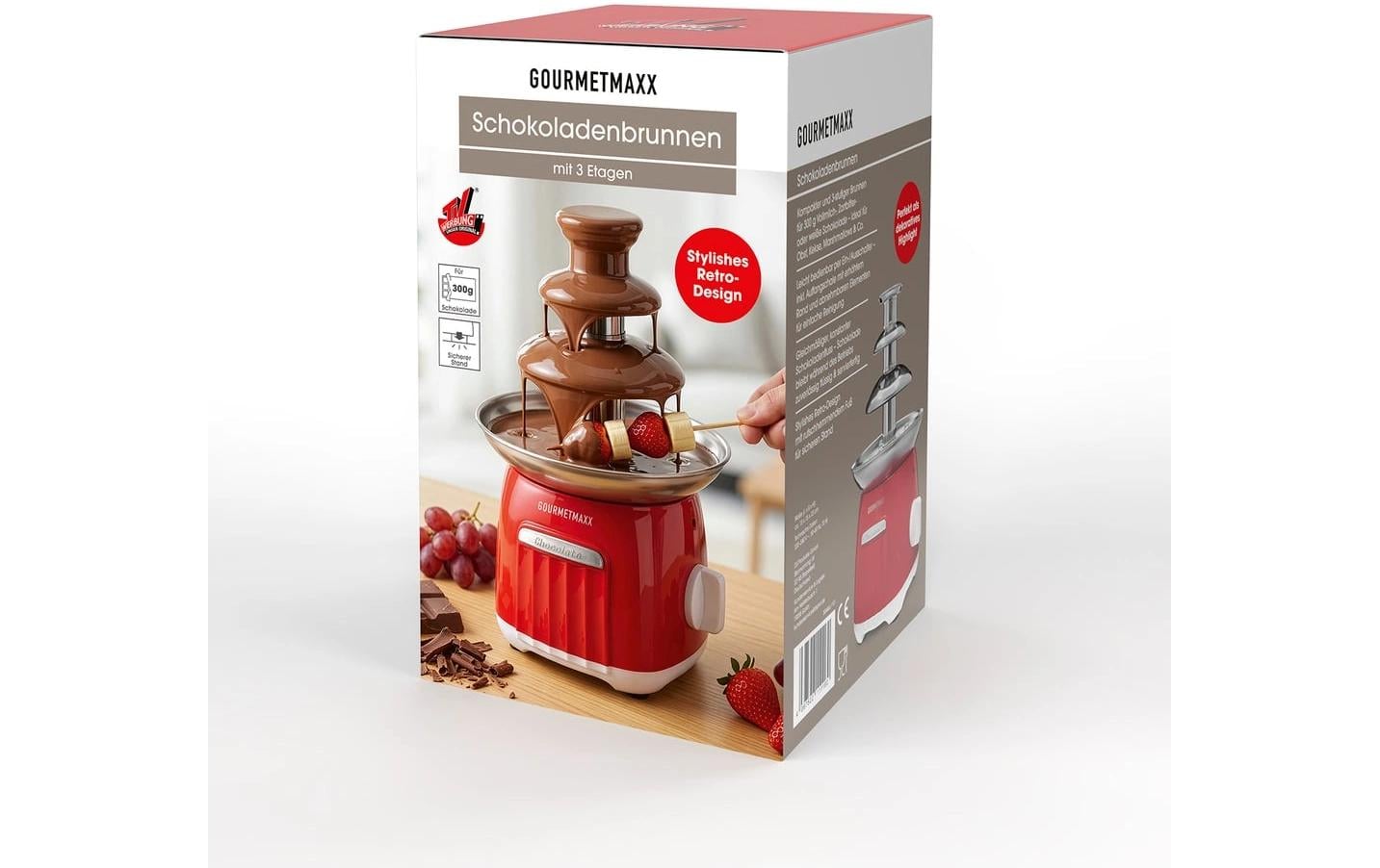 Gourmetmaxx Schokoladenbrunnen – 3 Etagen, 70 W, Aluminium – Rot/Weiss