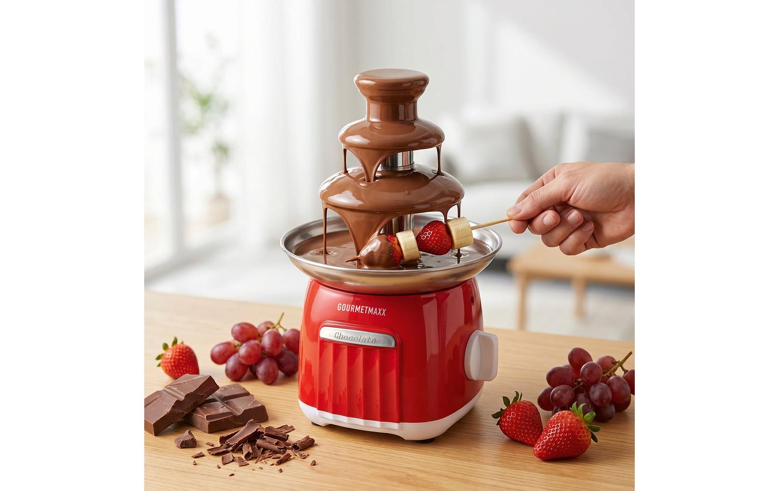 Gourmetmaxx Schokoladenbrunnen – 3 Etagen, 70 W, Aluminium – Rot/Weiss