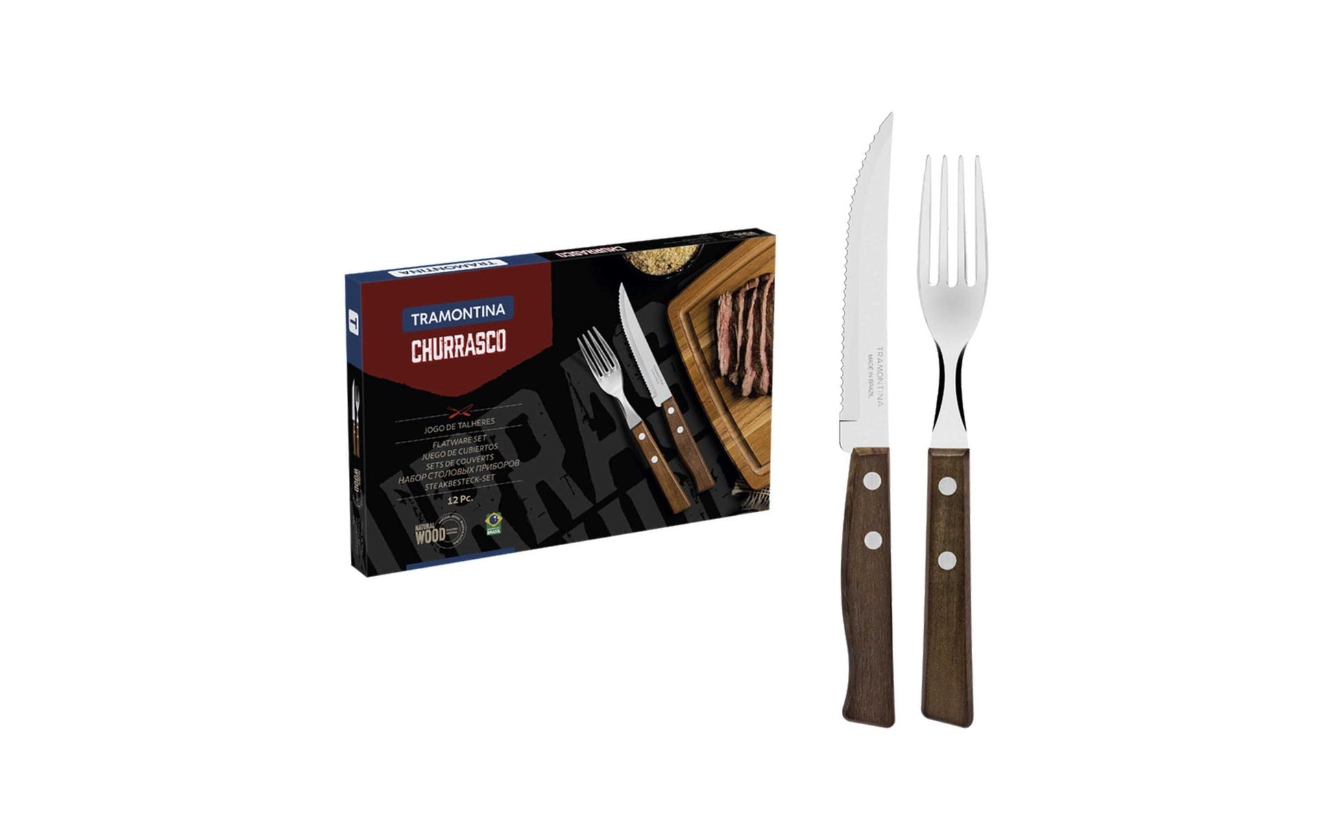 Tramontina TRADICIONAL Grillbesteck-Set – 12-teilig, 35,7 cm, Edelstahl, Holzgriff, Braun, Silber