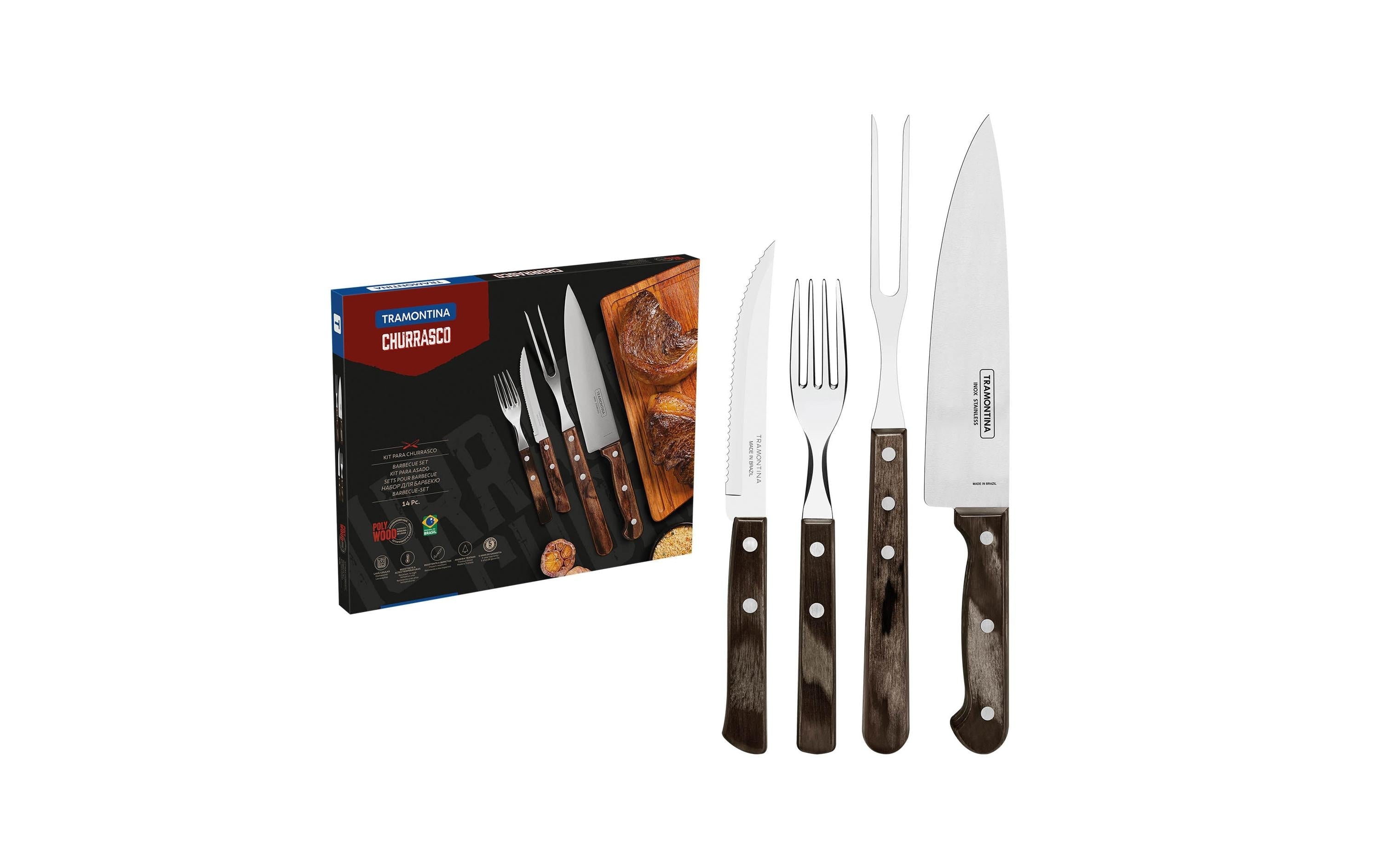 Tramontina Grillbesteck-Set – 14-teilig, 40 cm, Edelstahl, Polywood-Griff, Braun, spülmaschinenfest