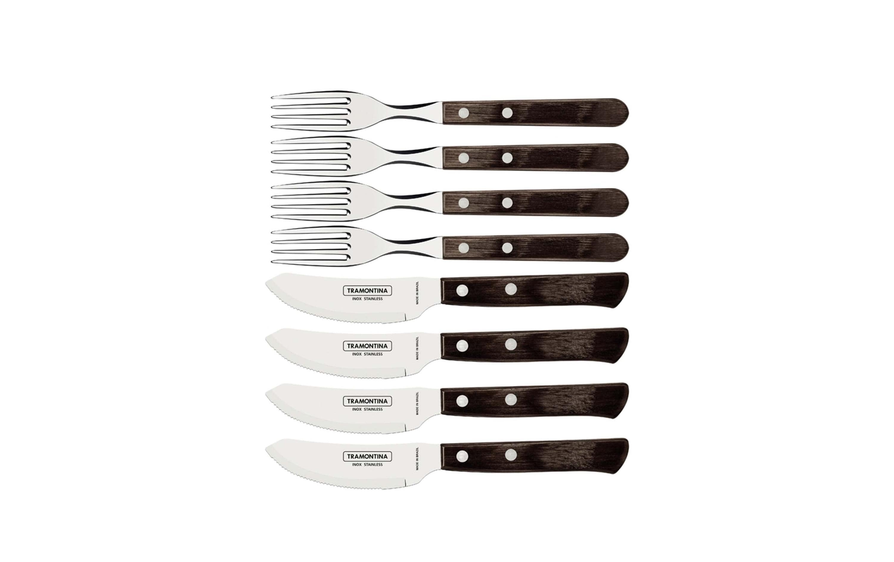 Tramontina Steak-/Pizzamesser-Set – 8-teilig, 25 cm, Edelstahl, Holzgriff, Braun, für Pizza, spülmaschinenfest
